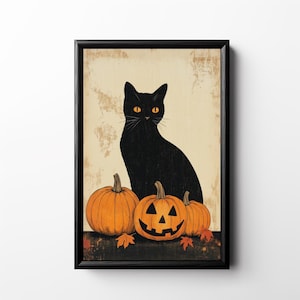 Vintage Black Cat Print, Printable Halloween Cat Wall Art Jack O'Lantern Digital Download, Fall Decor Pumpkin Autumn Leaves Card Invitation