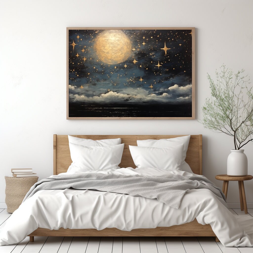 Vintage Night Sky Oil Painting, Printable Full Moon Wall Art, Celestial ...