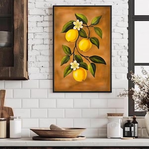 Coastal Lemons Print, Printable Lemon Wall Art, Tuscan Citrus Painting Retro Kitchen Decor Botanical Mid Century Print Floral Lemon Tree Art