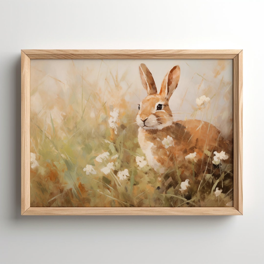 Rustic Print Rabbit Rabbit Print, Printable Bunny in Wildflower Meadow Painting Cottagecore ...