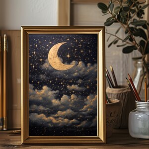 Printable Crescent Moon Starry Night Sky Oil Painting, Vintage Star Gazing Wall Art, Evening Sky Print, Moody Celestial Artwork, Dark Galaxy Bild 6