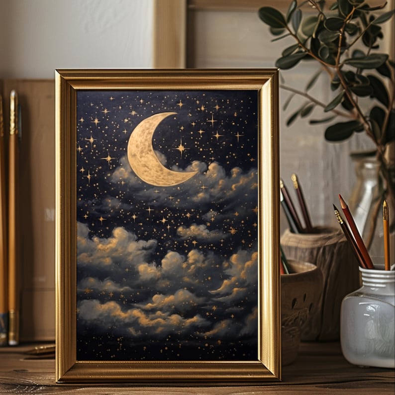 Printable Crescent Moon Starry Night Sky Oil Painting, Vintage Star Gazing Wall Art, Evening Sky Print, Moody Celestial Artwork, Dark Galaxy Bild 6