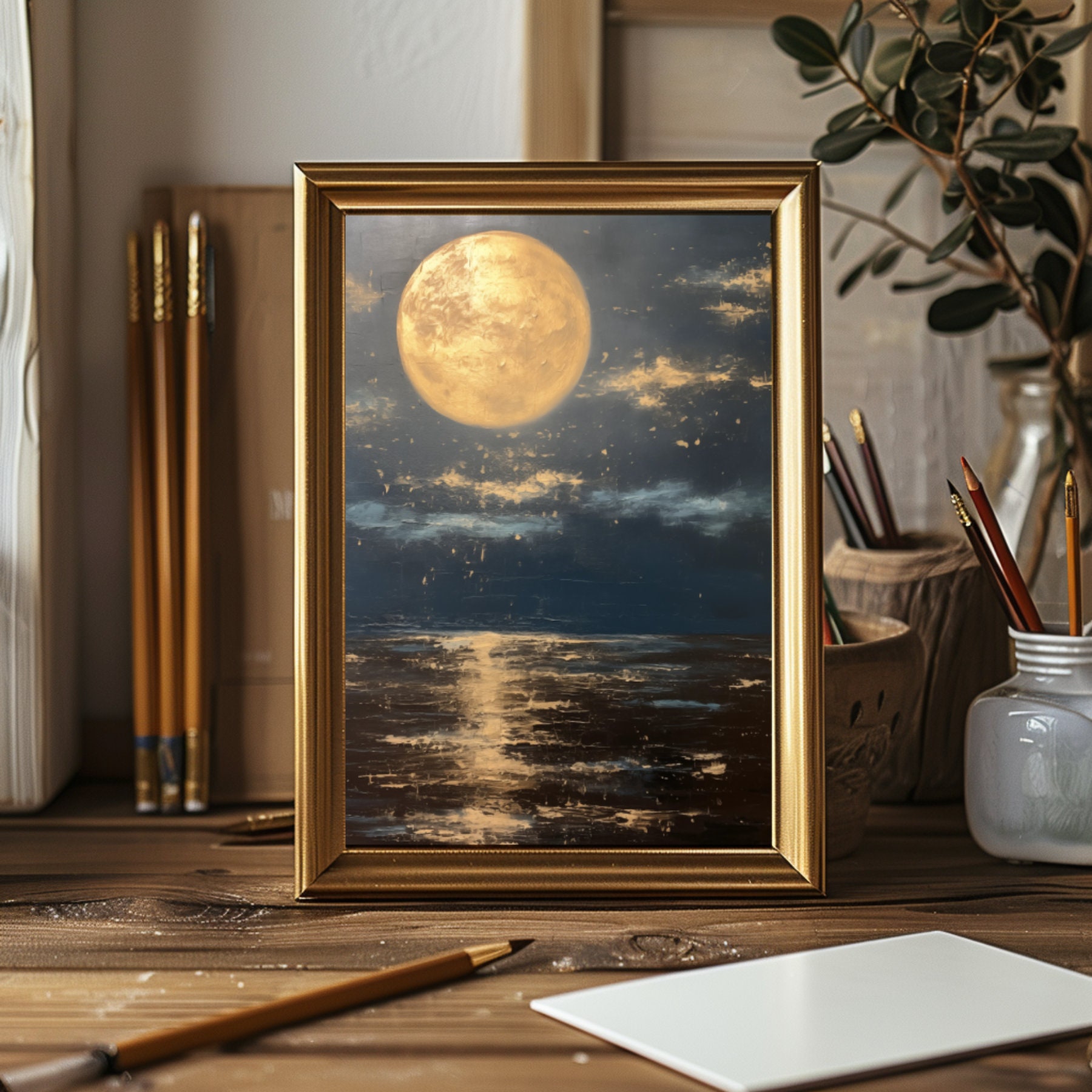 Vintage Night Sky Oil Painting, Printable Full Moon Over Dark Water ...