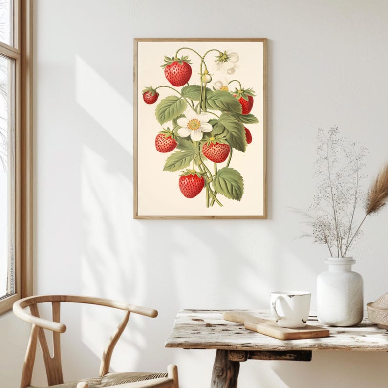 May include: A vintage botanical illustration of a strawberry plant with red ripe strawberries and white flowers. The illustration is framed in a light wood frame.