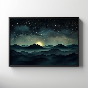 Impresión de cielo nocturno de montaña, arte de pared imprimible con luna y estrellas, impresión celestial vintage, arte de noche de galaxia de montaña brumosa de Dark Academia Decor