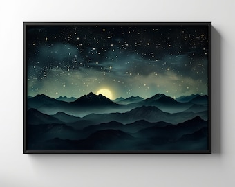 Mountain Night Sky Print, Printable Moon and Stars Wall Art, Vintage Celestial Print, Dark Academia Decor Misty Mountain Galaxy Evening Art