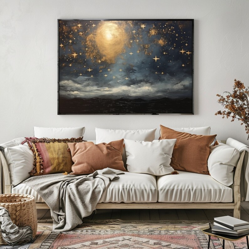 Vintage Night Sky Art Print, Printable Moon and Stars Wall Art, Moody ...