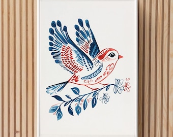 Folk Art Bird Print, Printable Boho Bird Wall Art, Scandinavian Decor Floral Scandi Poster Cottagecore Linocut Art Block Print Download