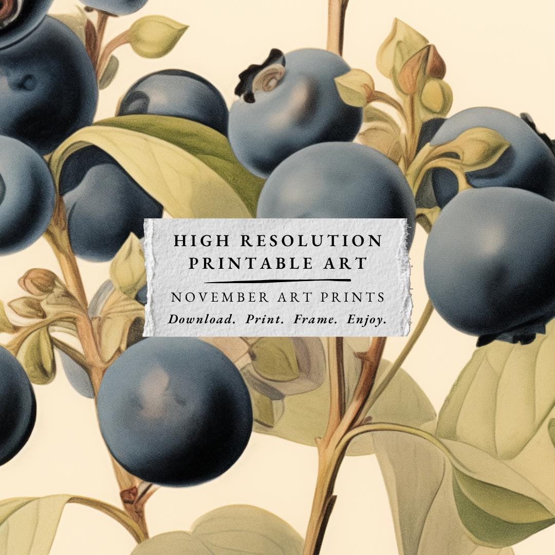 Vintage Blueberry Art Print, Printable Blueberries Wall Art, Botanical ...