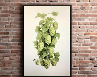 Vintage Hops Print, Printable Beer Lithograph, Brewery Artwork, Homebrew Wall Art, Brewer Gift Beer Lover, Retro Craft Beer Poster Bar Decor