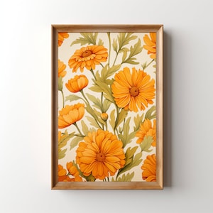 Impression d'art souci, art mural floral vintage imprimable, fleurs d'été de calendula, décoration rétro grand-mère, propriété locative bohème, chambre d'hôtes AirBnB