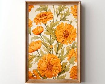 Puede incluir: Una impresión enmarcada con un diseño floral vintage con flores naranjas y amarillas sobre un fondo crema.
