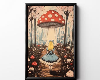 Mushroom Wonderland Print, Printable Cherry Blossom Wall Art, Vintage Fairy Tale Illustration, Cute Kid Room Art Trippy Dorm Decor Nursery