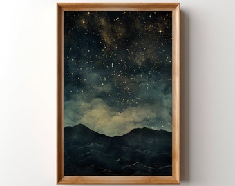 Vintage Starry Night Sky Painting, Printable Star Gazing Wall Art, Dark Mountains, Celestial Print, Moody, Dark Academia, Mountain Galaxy