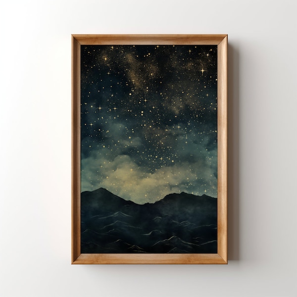 Vintage Starry Night Sky Painting, Printable Star Gazing Wall Art, Dark Mountains, Celestial Print, Moody, Dark Academia, Mountain Galaxy