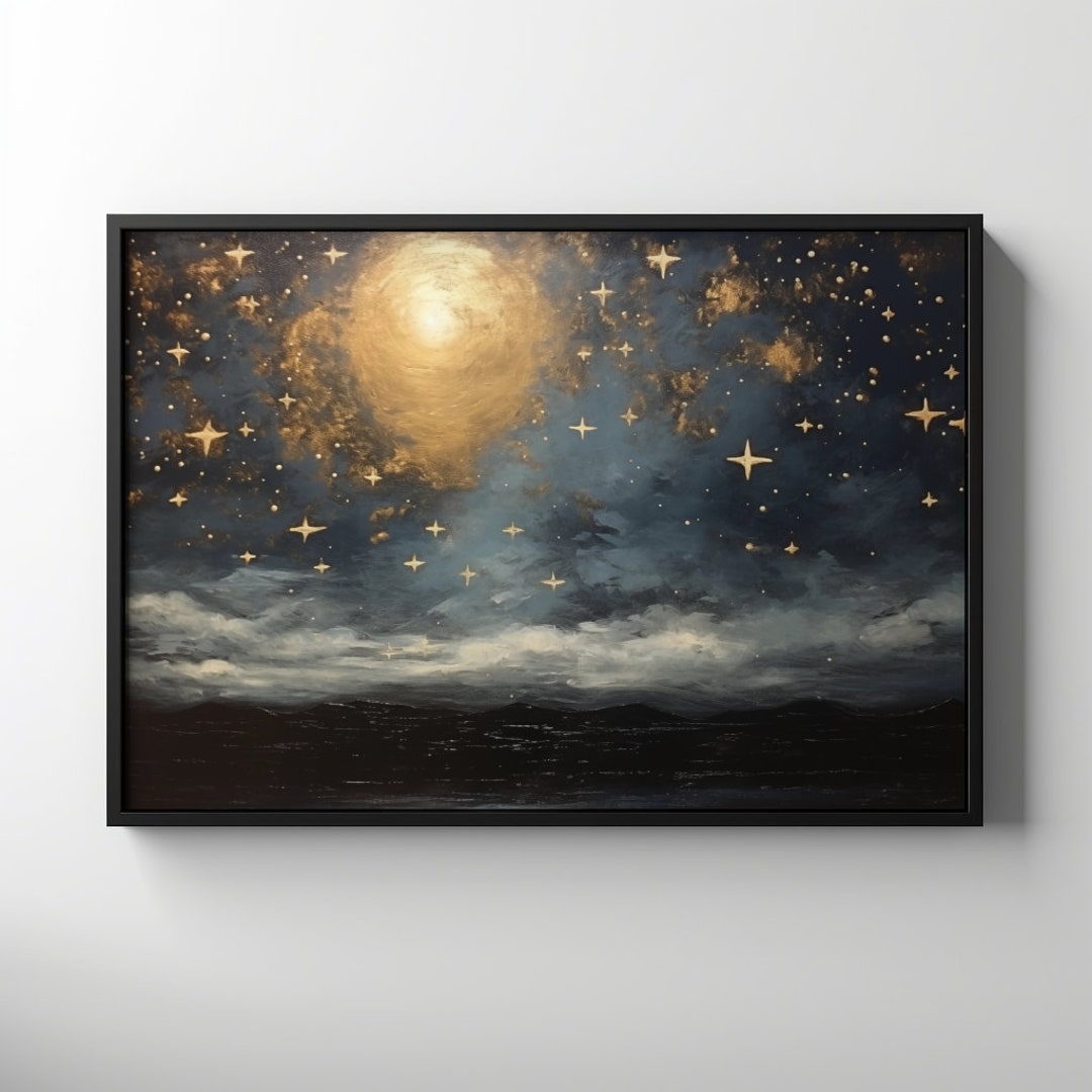 Vintage Starry Night Sky Oil Painting, Printable Star Gazing Wall Art ...