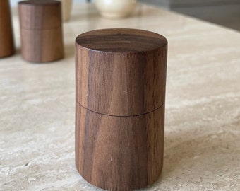 Small round hand turned walnut wood lidded box for small things