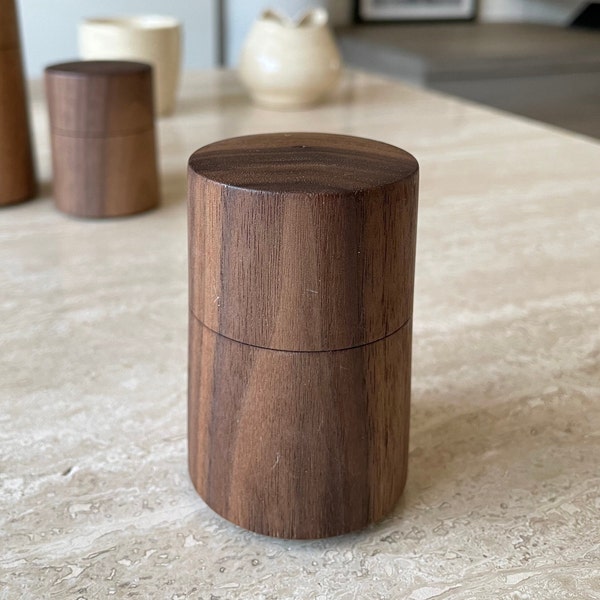 Small round hand turned walnut wood lidded box for small things