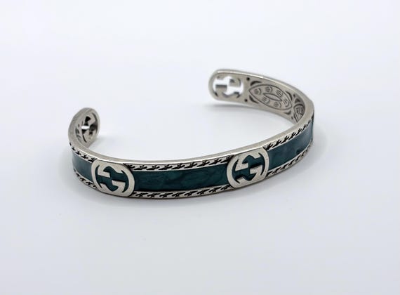 Gucci Silver Green Enamel Cuff Bracelet - Gem