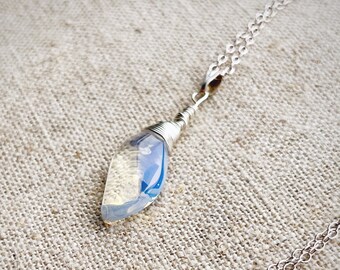 Stunning Wire Wrapped Shimmering Moonstone Pendant Necklace on Sterling Silver Chain - June Birthstone