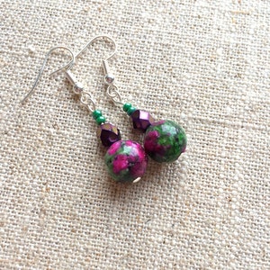 Vivid Green and Pink Ruby Zoisite Seed Beads Pendant Earrings