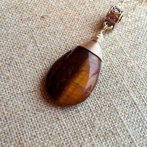 Stunning Wire Wrapped Tiger Eye Pendant Necklace on Sterling Silver Chain