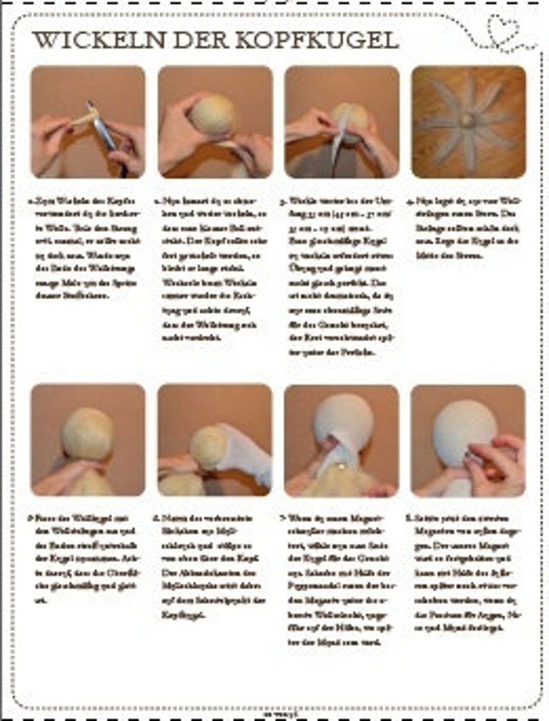 May include: A step-by-step guide on how to wrap a yarn ball, with illustrations showing the process. The text in the image reads "Wickeln der Kopfkugel".