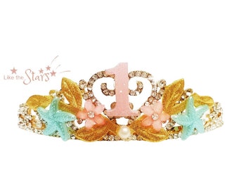 Romantic First Birthday Crown, Custom Birthday Tiara With Number, Princess Birthday Crown ,Birthday Tiara, Gold Leaf Pink blue Crown