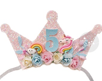 Unicorn & Rainbow Birthday Party Crown, Unicorn Headband Crown, Unicorn Flower Birthday Crown, Children’s Birthday Tiara, Birthday Outfit