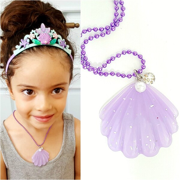 Mermaid Necklace ,Purple Sea Shell Necklace, Sea shell Charm Jeweled With Pearl & Crystal ,Princess Ariel Little Mermaid Sea Shell Necklace