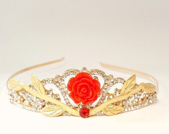 Princess Belle Birthday Crown, Hair Accessories Dress Outfit Costume, Party Cake Topper, Gold Red Rose Crystal Tiara, The Beauty & The Beast