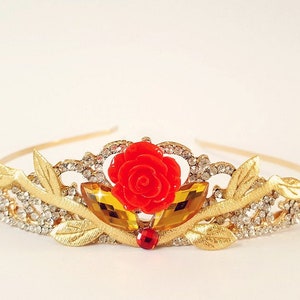 Princess Belle Birthday Crown Fits Princess Belle Outfit , Princess Belle Crown, Princess Belle Party, Gold Red Rose Crown, Crystal Crown