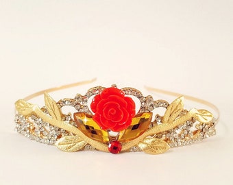 Princess Belle Birthday Crown Fits Princess Belle Outfit , Princess Belle Crown, Princess Belle Party, Gold Red Rose Crown, Crystal Crown