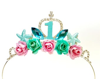 Mermaid Birthday Crown, Mermaid Custom Birthday Crown, Flowers Crown, Number Crown, Birthday Mermaid Outfit ,Mermaid Cake Smash Photo Prop