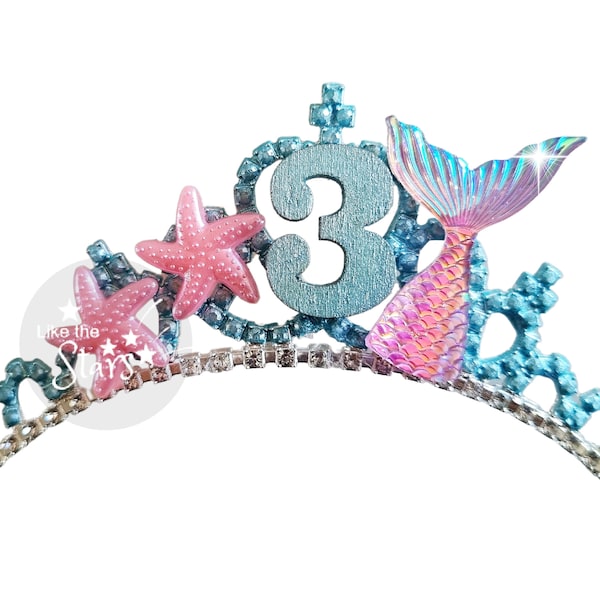 Pink & Blue Dazzling Iridescent Mermaid Tiara, Mermaid Tail Tiara Crown, Mermaid Flower Birthday Crown Tiara, Number Mermaid Crown Headband
