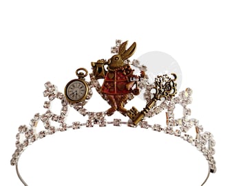 Alice In Wonderland Crown Tiara, Jeweled With Clock Key Eat Me spoon Rabbit, Eat Me Headband , Alice Jewelry, Mad Hatter tea party