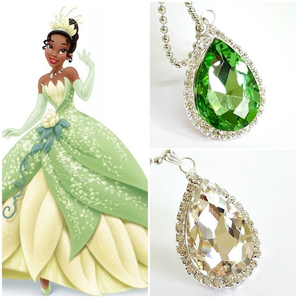 New Princess Tiana Necklace, Princess & The Frog Crystal Charm Necklace, Princess Tiana Crystal Green Pendant, Green Teardrop Crystal Charm