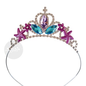 Corona de sirena para niñas, diadema de sirenita ideal para cumpleaños, accesorio para fotos de sirena, color morado y verde azulado, ideal para niños y adultos. imagen 5