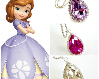 Amulette de princesse Sofia, collier pendentif à breloques en cristal de Sofia, larme de cristal violet de Sofia pour cadeau tenue chemise d'anniversaire de Sofia