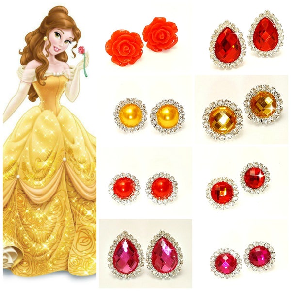 PRINCESS EARRINGS, Princess Belle Earrings, Beauty & The Beast,Crystal Clip-On Earrings,Yellow Round Gold Earring,Red Rose Earrings
