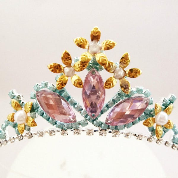 Romantic Crown, Romantic  Flower Crown Gold & Pink Flower Crown, Romantic Tiara, Wedding Flower Girls Tiara, Birthday Party Tiara Rhinestone