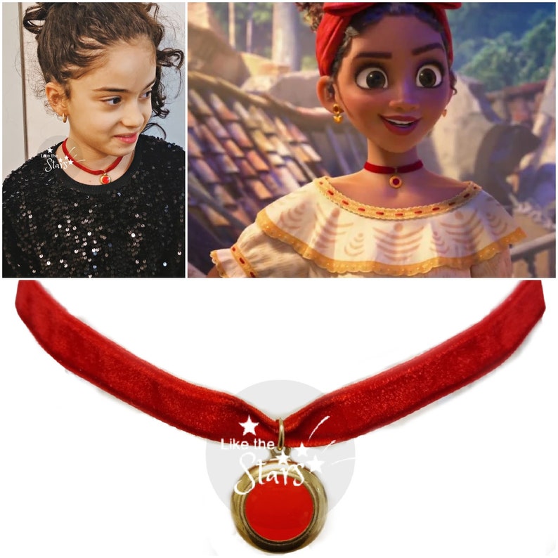 Dolores Madrigal Necklace Choker, Encanto Necklace For Dolores Madrigal Birthday Outfit &  Dolores Madrigal Costume, Gold Red Charm 