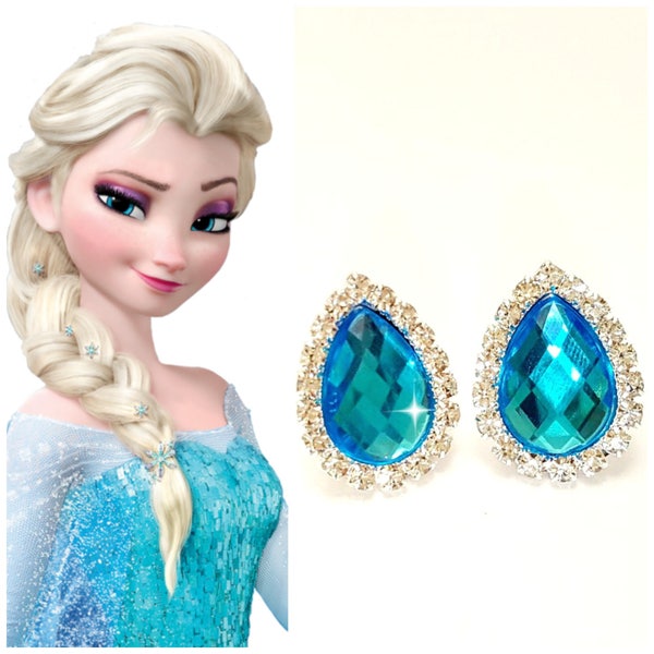 PRINCESS CRYSTAL EARRINGS, Frozen Elsa earrings, Rhinestone Clip-On Earrings,Blue Aqua Crystal Earrings, Toddler Earrings Great Photo Prop