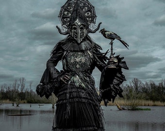 May include: A person in a dark, elaborate costume stands in a marshy landscape. The costume features a horned mask, a headdress with eye designs, and a long, layered black dress. A crow perches on a staff held by the person. The scene is set against a cloudy sky.