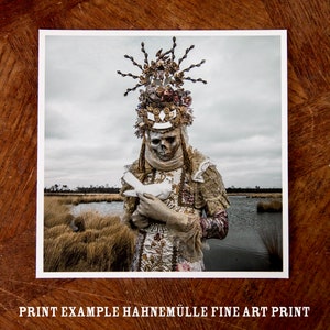 May include: A skeletal figure wearing a gold and white crown with a white dove in their hands. The figure is standing in a marsh with tall grass and water in the background.