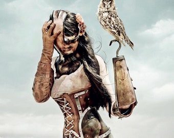 May include: A woman wearing a brown leather jacket and a steampunk-style corset with a metal hook on her arm. An owl is perched on the hook. The background is a cloudy sky.