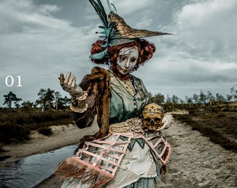 May include: A woman in a vintage-inspired outfit with a feathered hat, holding a skull with the inscription "Last Communion 1863". She is standing in a desolate landscape with a stream in the foreground.