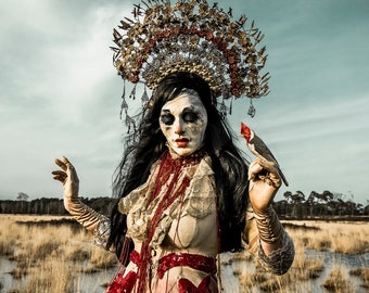 May include: A woman wearing a large, ornate headdress with a red cardinal perched on her finger. She is wearing a white and red dress with a lace bodice. The background is a blurred landscape.