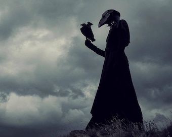 May include: A person wearing a black hooded cloak and a bird-like mask stands on a grassy hill with a dark cloudy sky in the background. The person is holding two black birds in their hand.