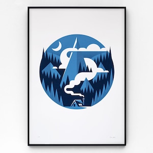 Hideaway A2 limited edition screen print, hand-printed in two colours